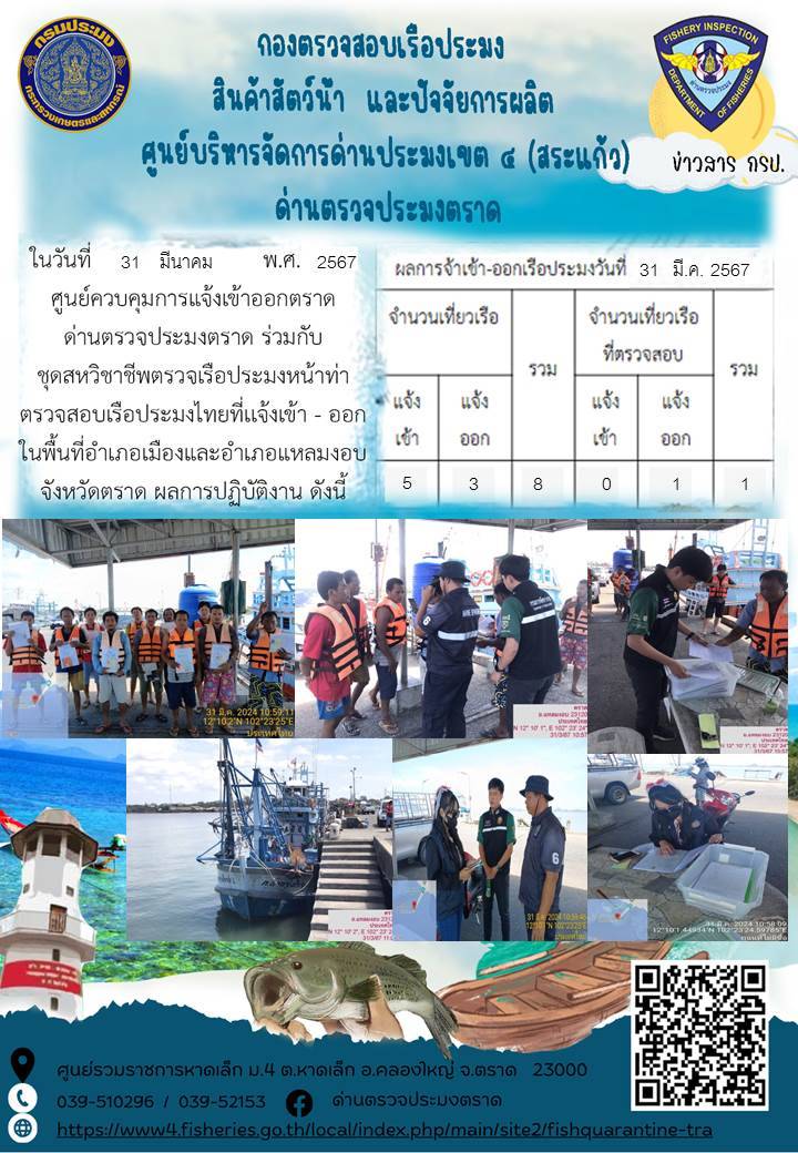 ผลการปฏิบัติงานของศูนย์ควบคุมการแจ้งเรือเข้าออกตราด ด่านตรวจประมงตราด ประจำวันที่ 31 มีนาคม 2567..คลิก