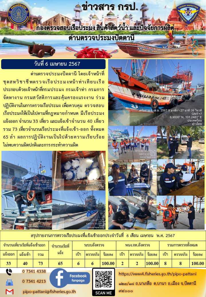ข่าวสารการปฏิบัติงาน ด่านตรวจประมงปัตตานี วันที่ 6 เมษายน 2567..คลิก