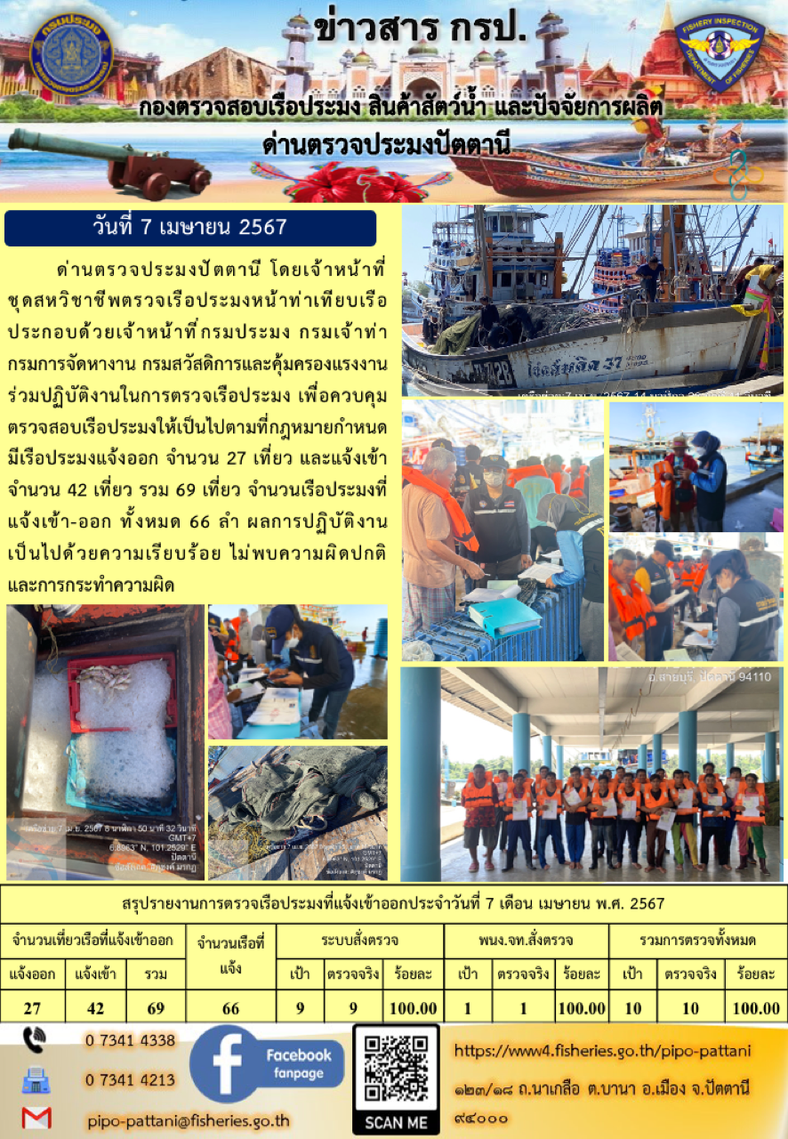 ข่าวสารการปฏิบัติงาน ด่านตรวจประมงปัตตานี วันที่ 7 เมษายน 2567..คลิก