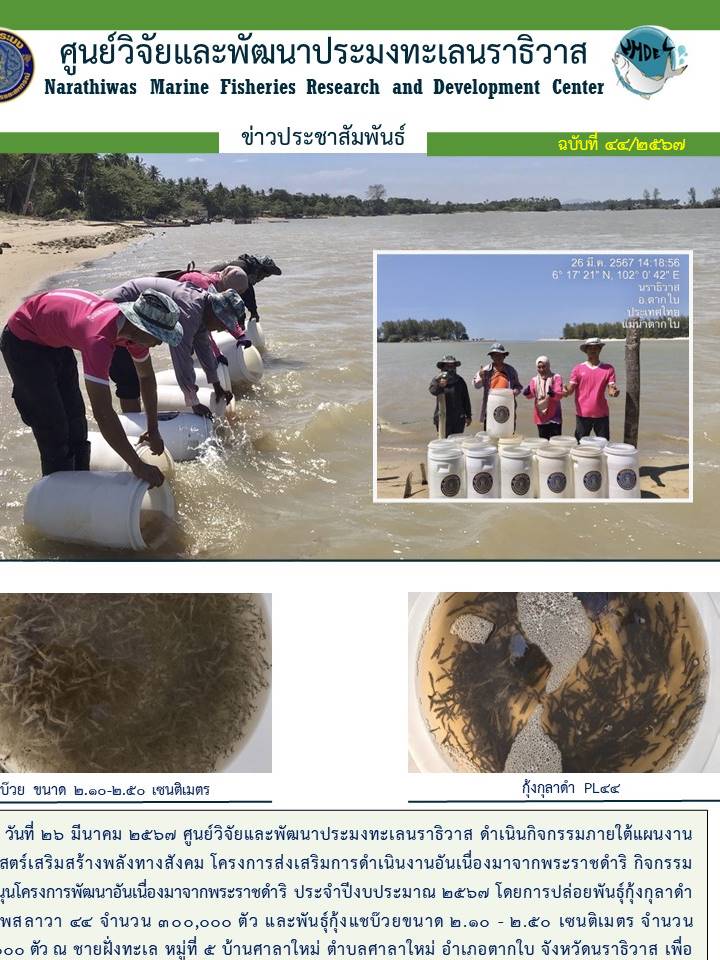 การปล่อยพันธุ์สัตว์น้ำกิจกรรมสนับสนุนโครงการพัฒนาอันเนื่องมาจากพระราชดำริ  2567
