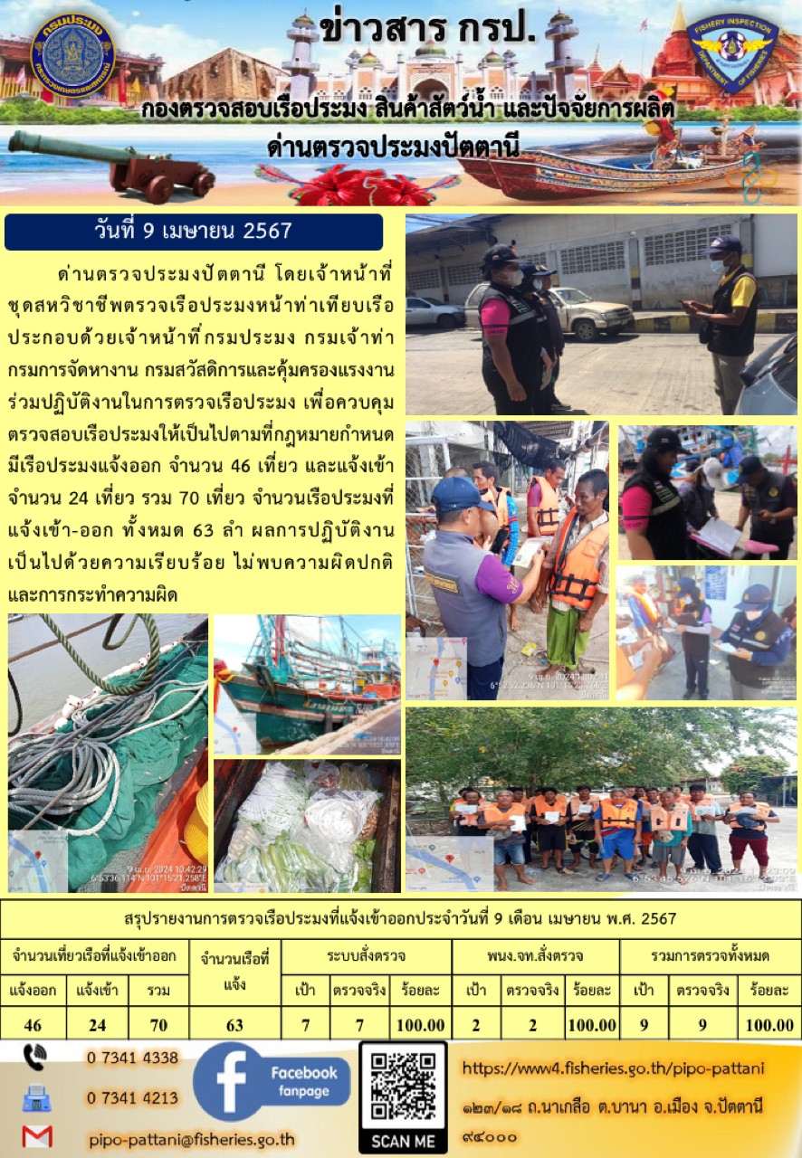 ข่าวสารการปฏิบัติงาน ด่านตรวจประมงปัตตานี วันที่ 9 เมษายน 2567..คลิก