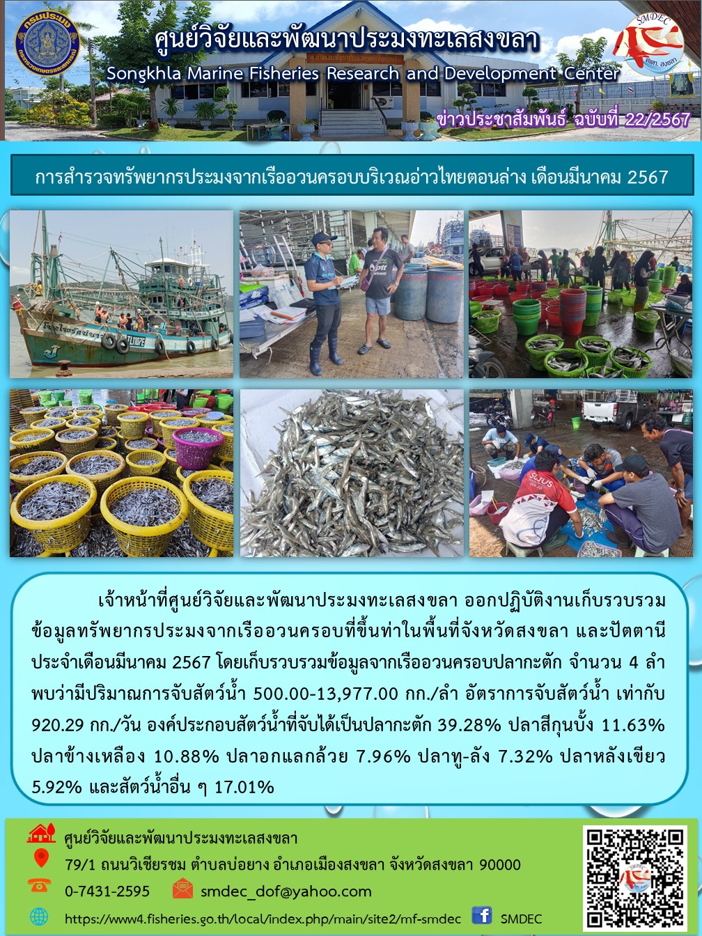 เจ้าหน้าที่ศูนย์วิจัยและพัฒนาประมงทะเลสงขลา ออกปฏิบัติงานเก็บรวบรวมข้อมูลทรัพยากรประมงจากเรืออวนครอบที่ขึ้นท่าในพื้นที่จังหวัดสงขลา และปัตตานี ประจำเดือนมีนาคม 2567 โดยเก็บรวบรวมข้อมูลจากเรืออวนครอบปลากะตัก จำนวน 4 ลำ พบว่ามีปริมาณการจับสัตว์น้ำ 500.00-13,977.00 กก./ลำ อัตราการจับสัตว์น้ำ เท่ากับ 920.29 กก./วัน ฯลฯ..คลิก
