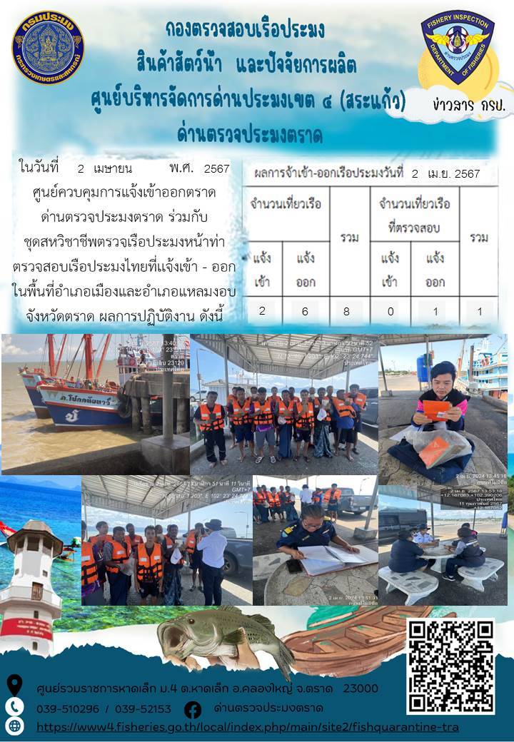 ผลการปฏิบัติงานของศูนย์ควบคุมการแจ้งเรือเข้าออกตราด ด่านตรวจประมงตราด ประจำวันที่ 2 เมษายน 2567..คลิก