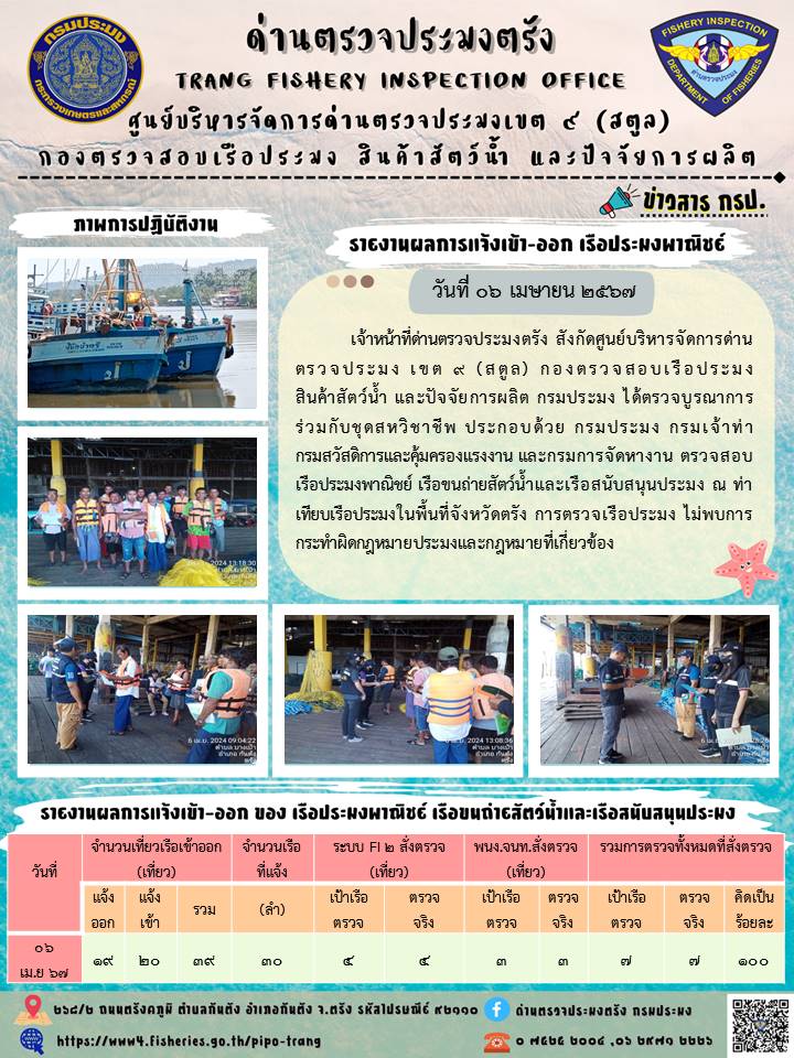 ประชาสัมพันธ์การปฏิบัติงานด่านตรวจประมงตรัง..คลิก