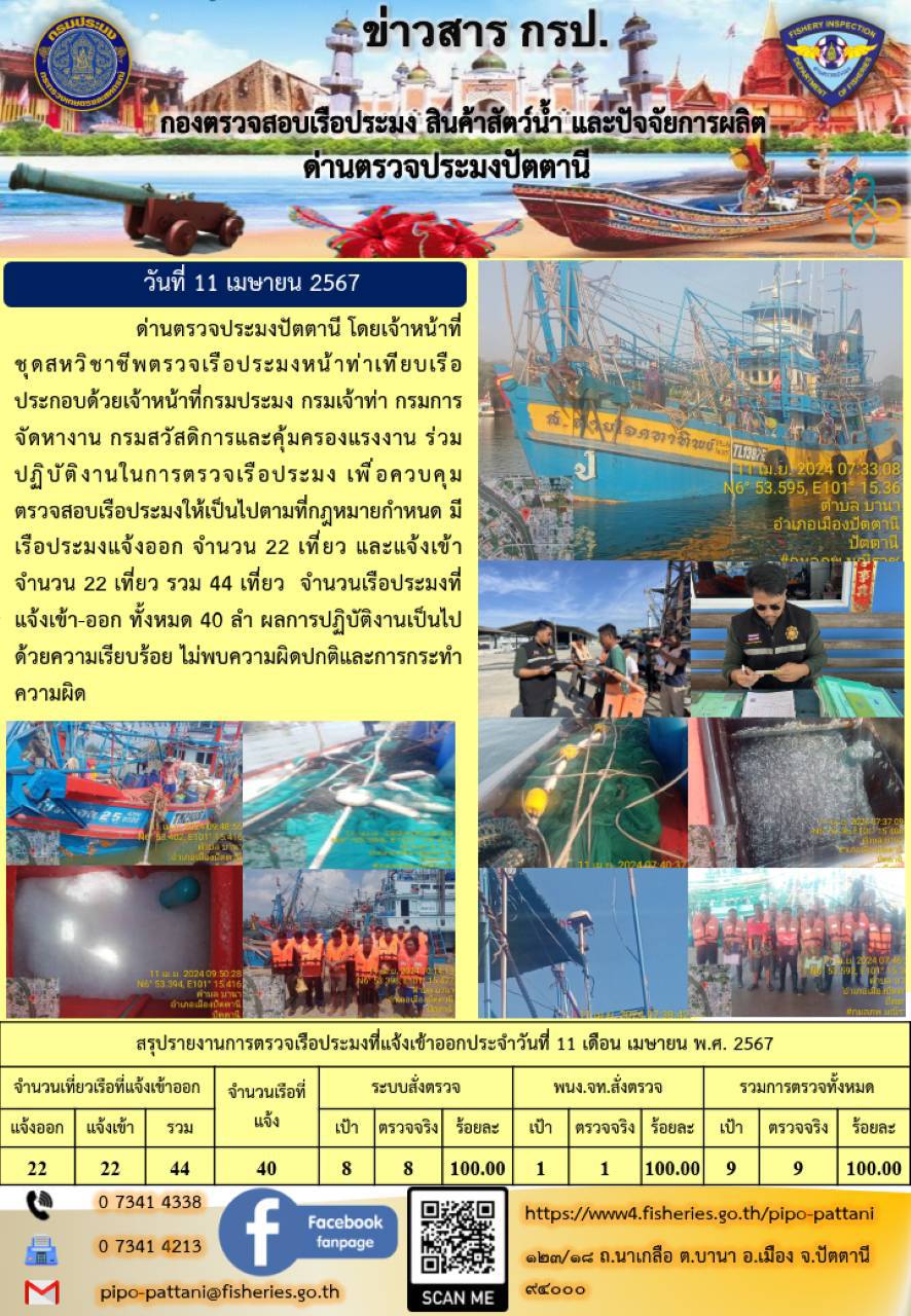 ข่าวสารการปฏิบัติงาน ด่านตรวจประมงปัตตานี วันที่ 11 เมษายน 2567..คลิก
