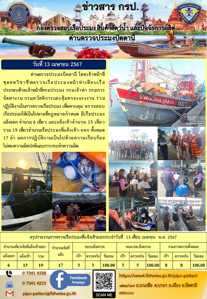 ข่าวสารการปฏิบัติงาน ด่านตรวจประมงปัตตานี วันที่ 13 เมษายน 2567..คลิก