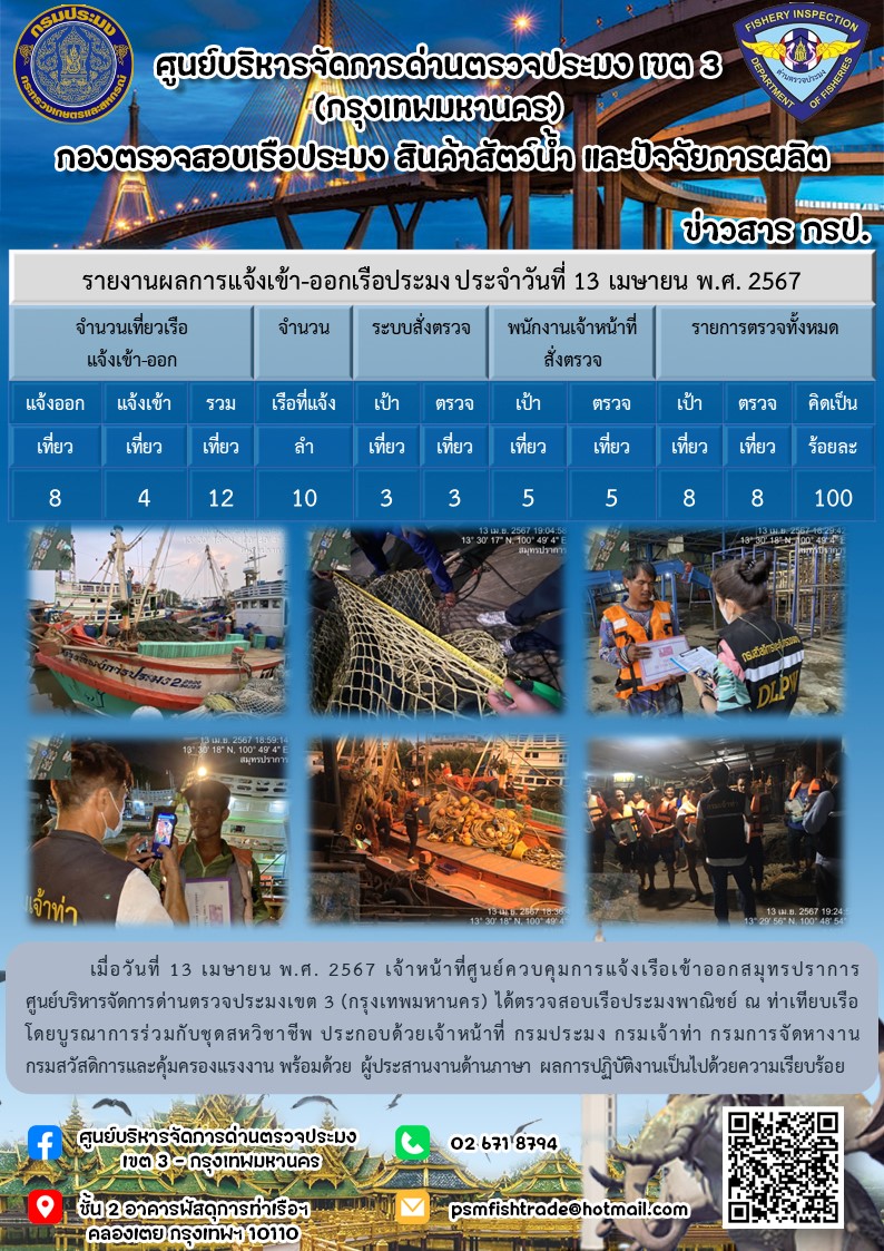 ประชาสัมพันธ์ศูนย์บริหารจัดการด่านตรวจประมงเขต 3 (กรุงเทพมหานคร) ประจำวันที่ 14 เมษายน 2567..คลิก