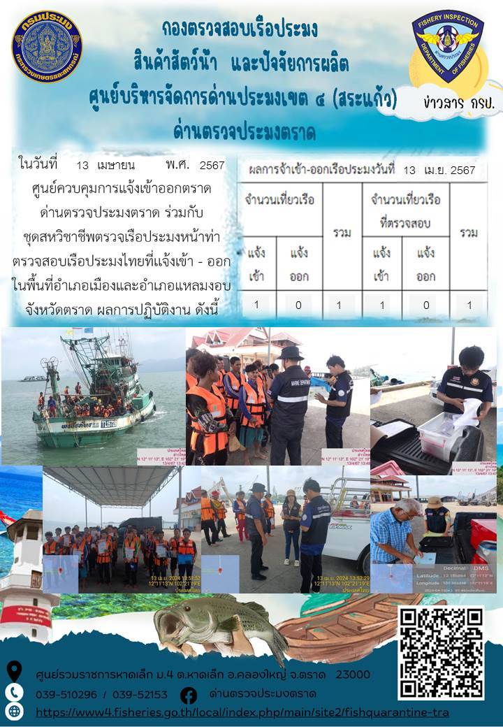ผลการปฏิบัติงานของศูนย์ควบคุมการแจ้งเรือเข้าออกตราด ด่านตรวจประมงตราด ประจำวันที่ 13 เมษายน 2567