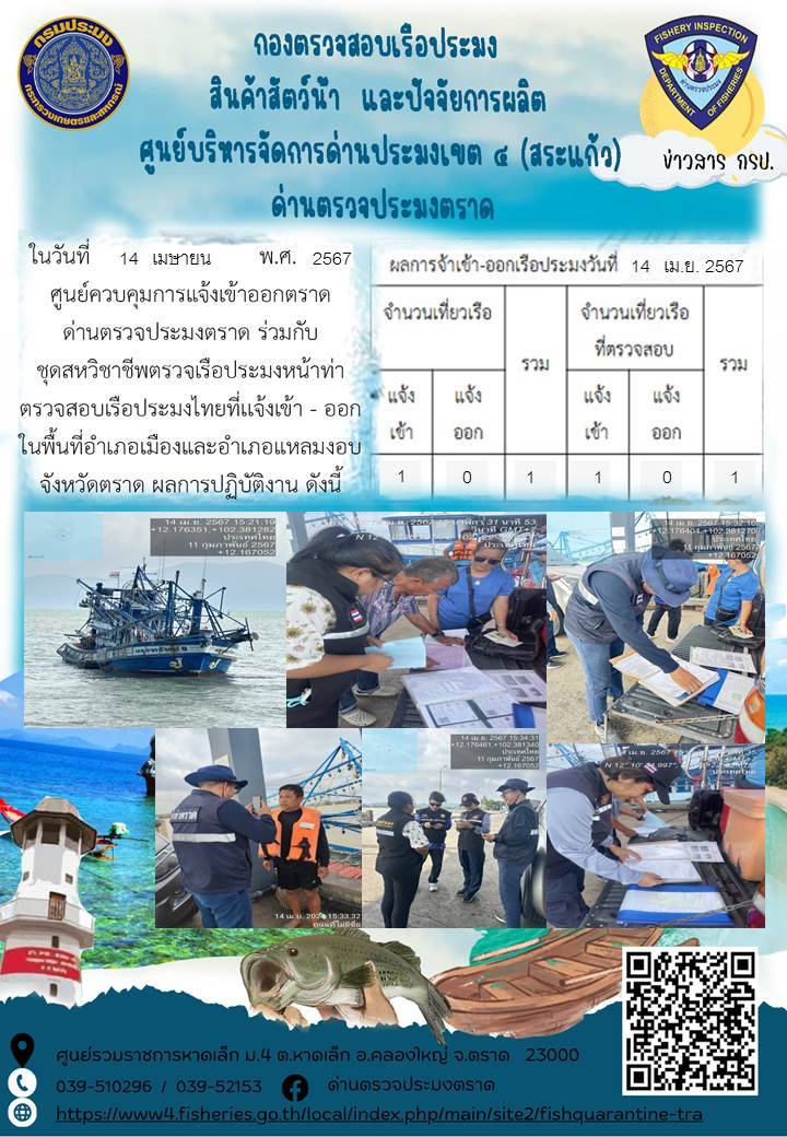 ผลการปฏิบัติงานของศูนย์ควบคุมการแจ้งเรือเข้าออกตราด ด่านตรวจประมงตราด ประจำวันที่ 14 เมษายน 2567