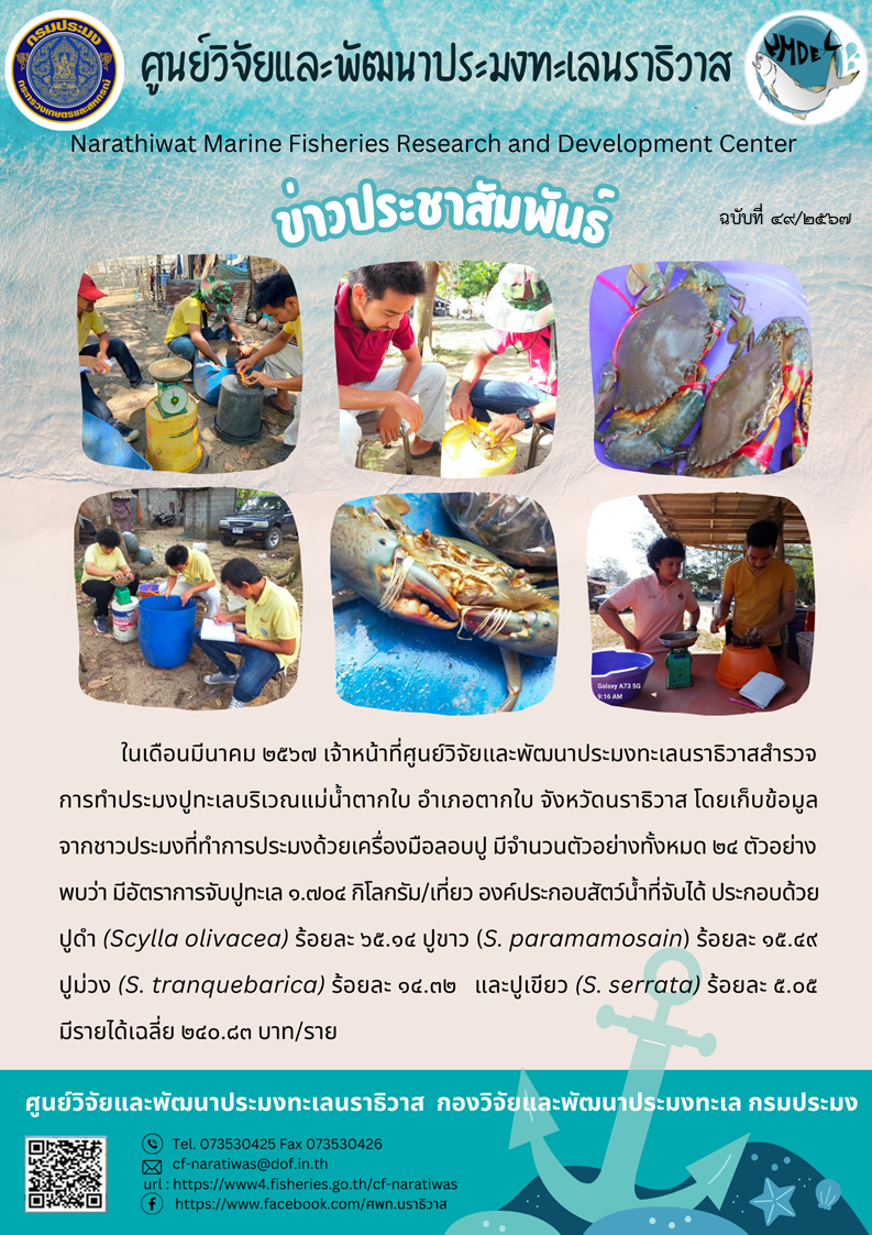 เจ้าหน้าที่ศูนย์วิจัยและพัฒนาประมงทะเลนราธิวาส สำรวจการทำประมงปูทะเลบริเวณแม่น้ำตากใบ อำเภอตากใบ จังหวัดนราธิวาส..คลิก