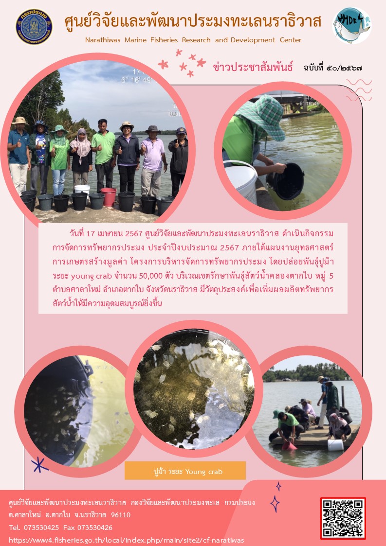 ศูนย์วิจัยและพัฒนาประมงทะเลนราธิวาส ดำเนินกิจกรรมการจัดการทรัพยากรประมง ประจำปีงบประมาณ 2567 ภายใต้แผนงานยุทธศาสตร์ การเกษตรสร้างมูลค่า โครงการบริหารจัดการทรัพยากรประมง..คลิก