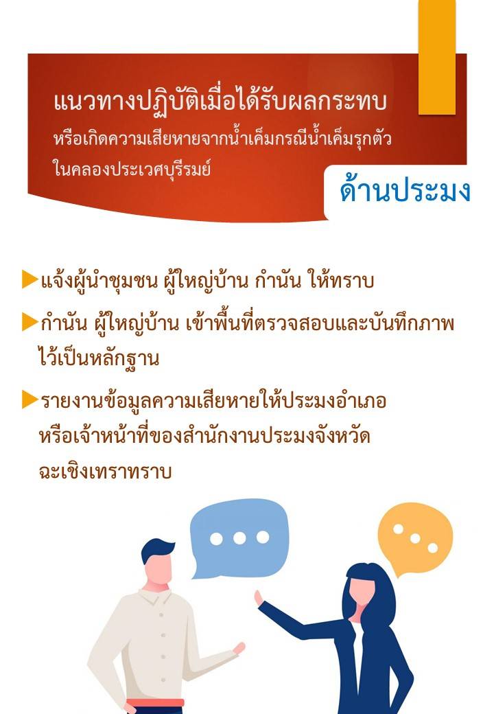 แนวทางปฏิบัติเมื่อได้รับผลกระทบหรือเกิดความเสียหายจากน้ำเค็มกรณีน้ำเค็มรุกตัวในคลองประเวศบุรีรมย์