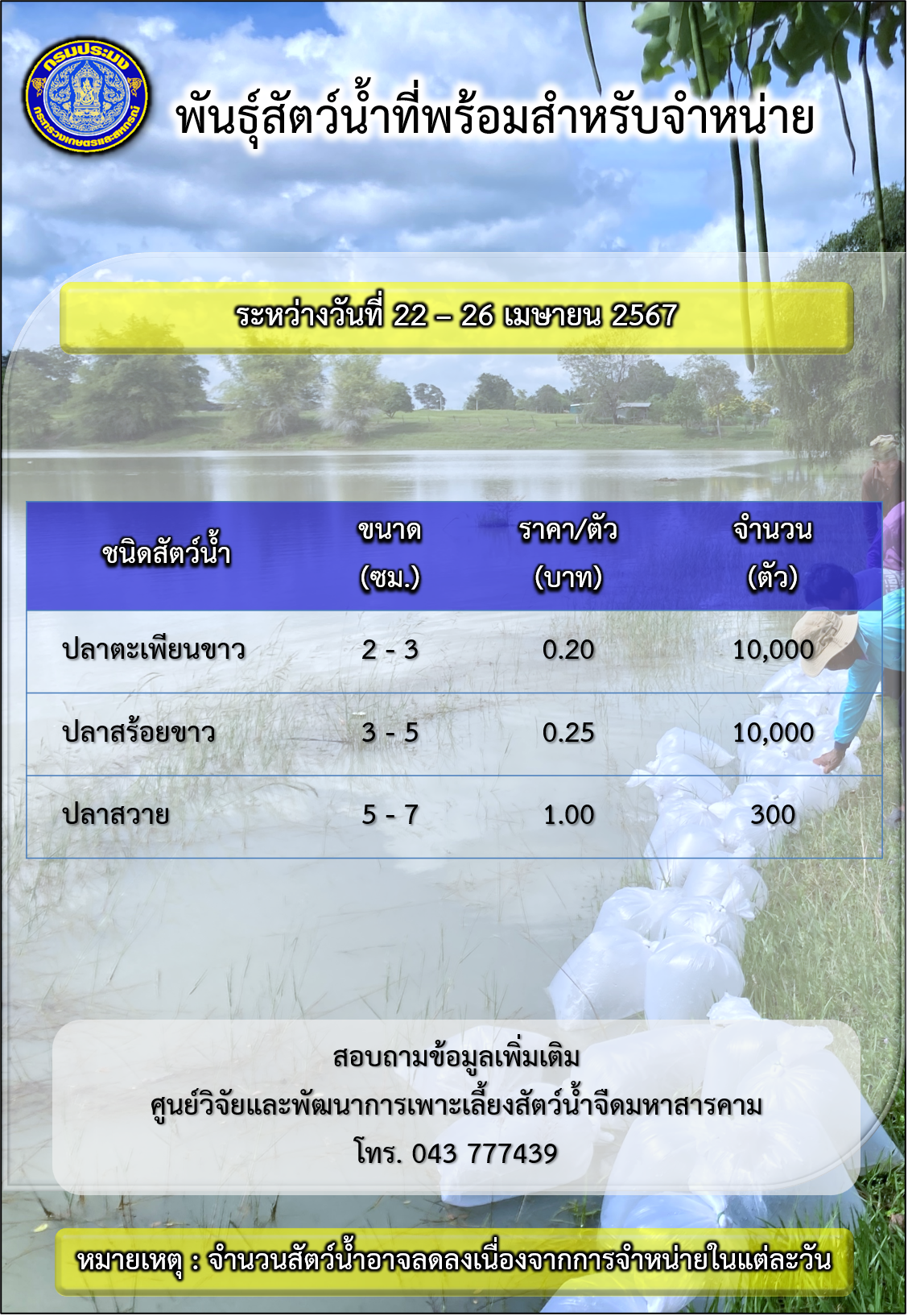พันธุ์สัตว์น้ำที่พร้อมสำหรับจำหน่ายในช่วงระหว่างวันที่ 22 – 26 เมษายน 2567..คลิก