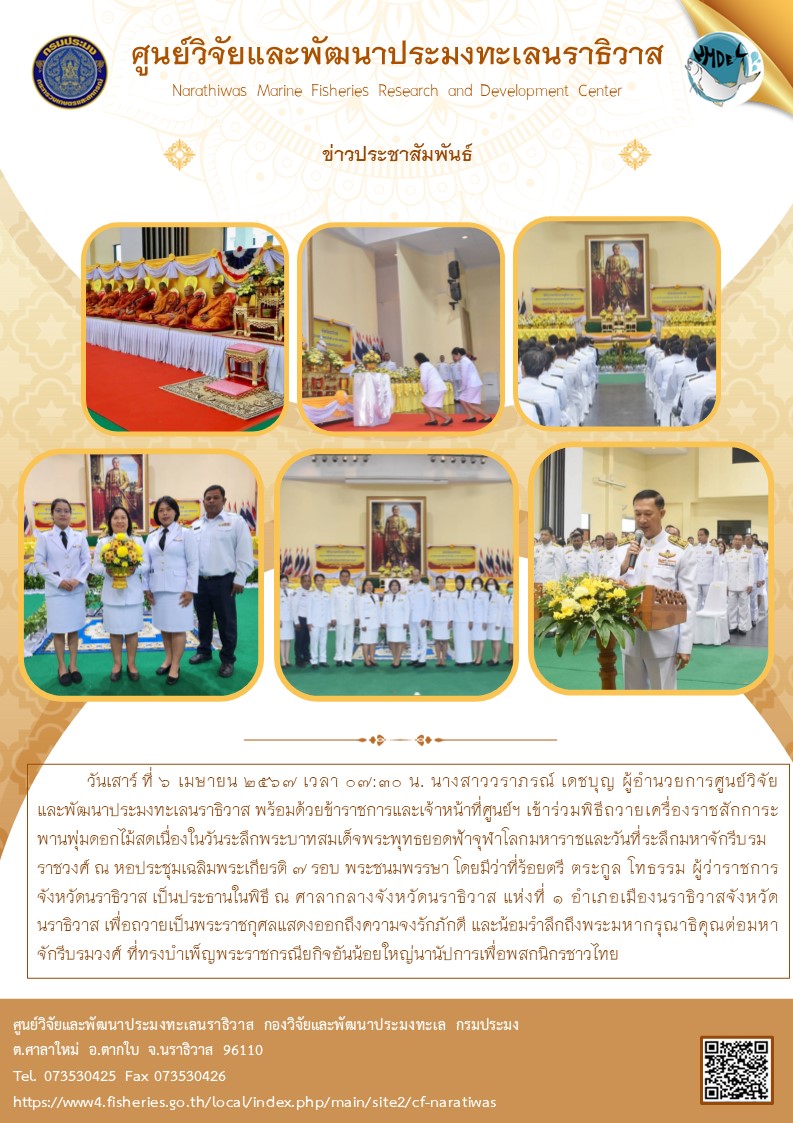 วันเสาร์ที่ 7 เมษายน 2567 นางสาววราภรณ์เดชบุญ ผู้อำนวยการศูนย์วิจัยและพัฒนาประมงทะเลนราธิวาส พร้อมด้วยข้าราชการและเจ้าหน้าที่ศูนย์ฯ เข้าร่วมพิธีถวายเครื่องราชสักการะพานพุ่มดอกไม้สดเนื่องในวันระลึกพระบาทสมเด็จพระพุทธยอดฟ้าจุฬาโลกมหาราชและวันที่ระลึกมหาจักรีบรมราชวงศ์ ณ หอประชุมเฉลิมพระเกียรติ 7 รอบ พระชนมพรรษา โดยมีว่าที่ร้อยตรี ตระกูล โทธรรม ผู้ว่าราชการจังหวัดนราธิวาส เป็นประธานในพิธี ฯลฯ..คลิก