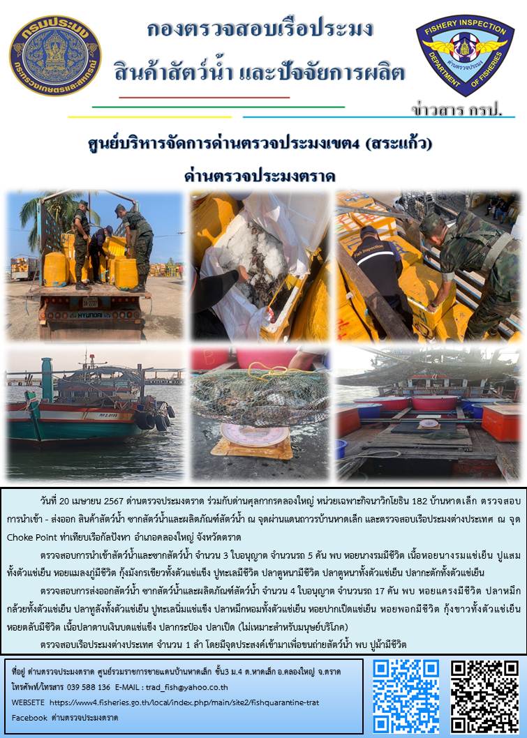 ผลการปฏิบัติงานส่วนงานควบคุมการนำเข้า - ส่งออกสัตว์น้ำ ซากสัตว์น้ำและผลิตภัณฑ์สัตว์น้ำ ด่านตรวจประมงตราด ประจำวันที่ 20 เมษายน 2567