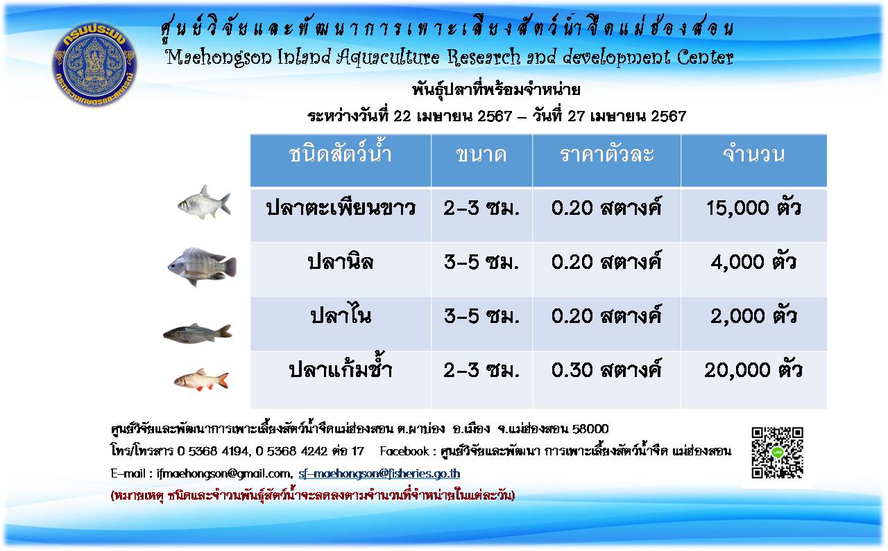พันธุ์สัตว์น้ำที่พร้อมจำหน่ายระหว่างวันที่ 22 เมษายน 2567 - วันที่ 27 เมษายน 2567