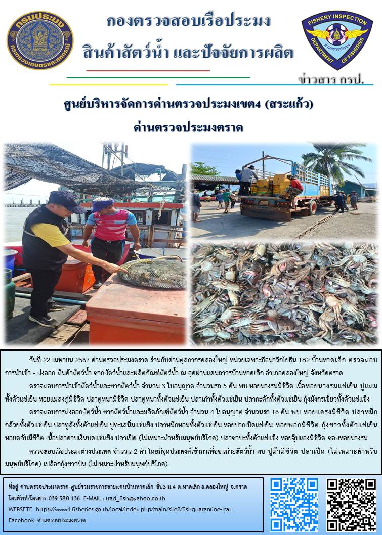 ผลการปฏิบัติงานส่วนงานควบคุมการนำเข้า - ส่งออกสัตว์น้ำ ซากสัตว์น้ำและผลิตภัณฑ์สัตว์น้ำ ด่านตรวจประมงตราด ประจำวันที่ 22 เมษายน 2567