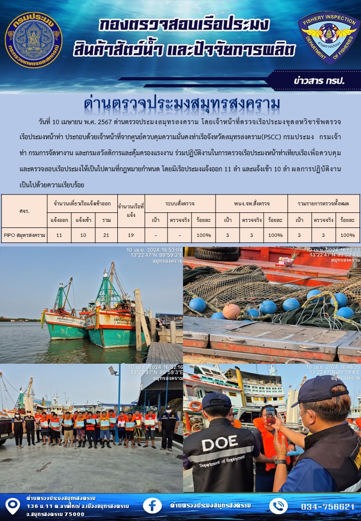 สถิติการแจ้งเข้า - ออกเรือประมงพาณิชย์ ด่านตรวจประมงสมุทรสงคราม ประจำวันที่ 10 เมษายน 2567..คลิก