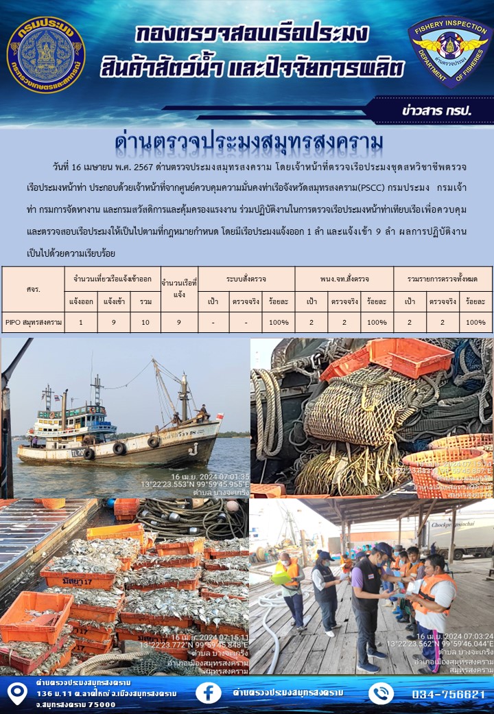 สถิติการแจ้งเข้า - ออกเรือประมงพาณิชย์ ด่านตรวจประมงสมุทรสงคราม ประจำวันที่ 16 เมษายน 2567..คลิก
