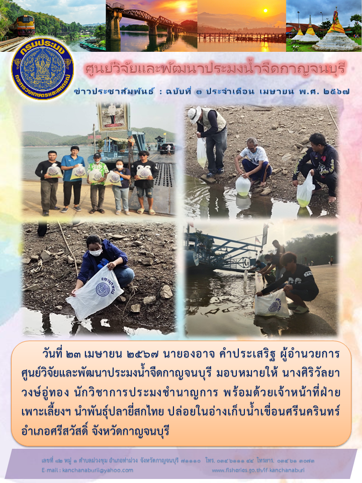 ศูนย์วิจัยและพัฒนาประมงน้ำจืดกาญจนบุรี ปล่อยพันธุ์ปลายี่สกไทย ณ อ่างเก็บน้ำเขื่อนศรีนครินทร์ จังหวัดกาญจนบุรี..คลิก