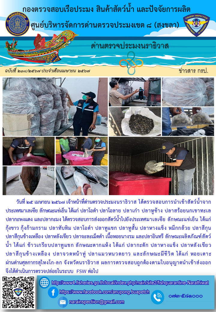 ประชาสัมพันธ์ด่านตรวจประมงนราธิวาส ประจำวันที่ 25 เมษายน 2567..คลิก