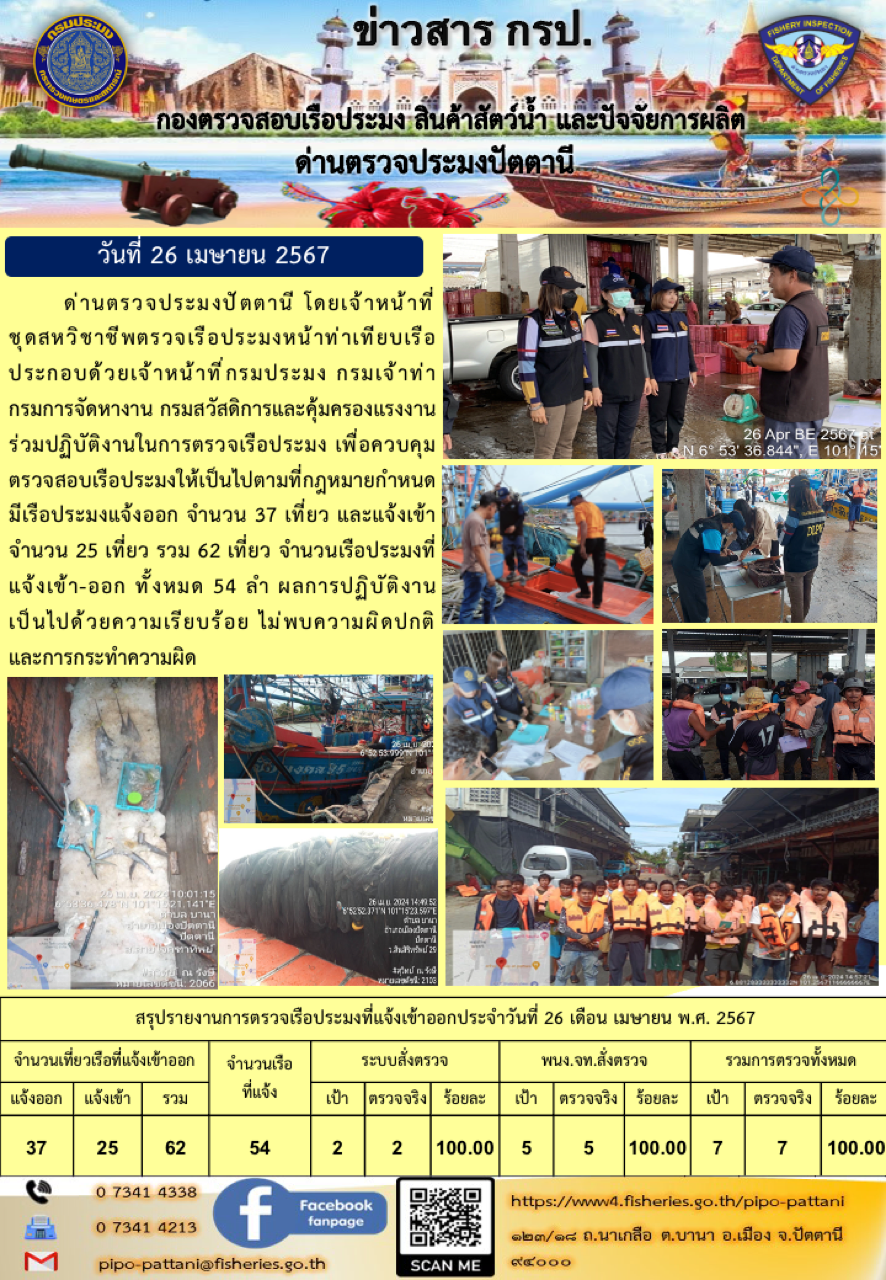 ข่าวสารการปฏิบัติงาน ด่านตรวจประมงปัตตานี วันที่ 26 เมษายน 2567..คลิก