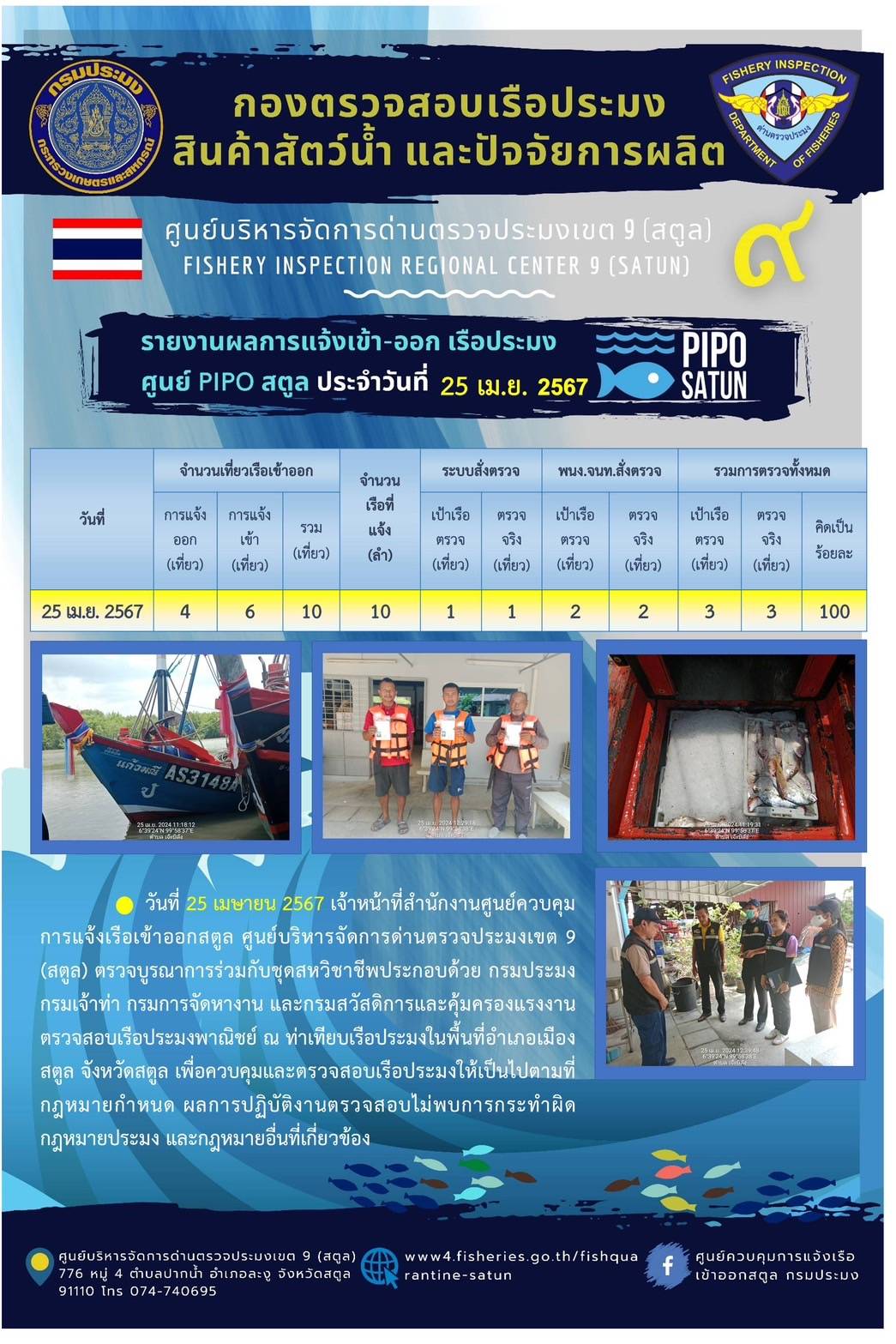 ประชาสัมพันธ์การปฏิบัติงานศูนย์บริหารจัดการด่านตรวจประมงเขต 9 (สตูล) ประจำวันที่ 21-25 เมษายน 2567