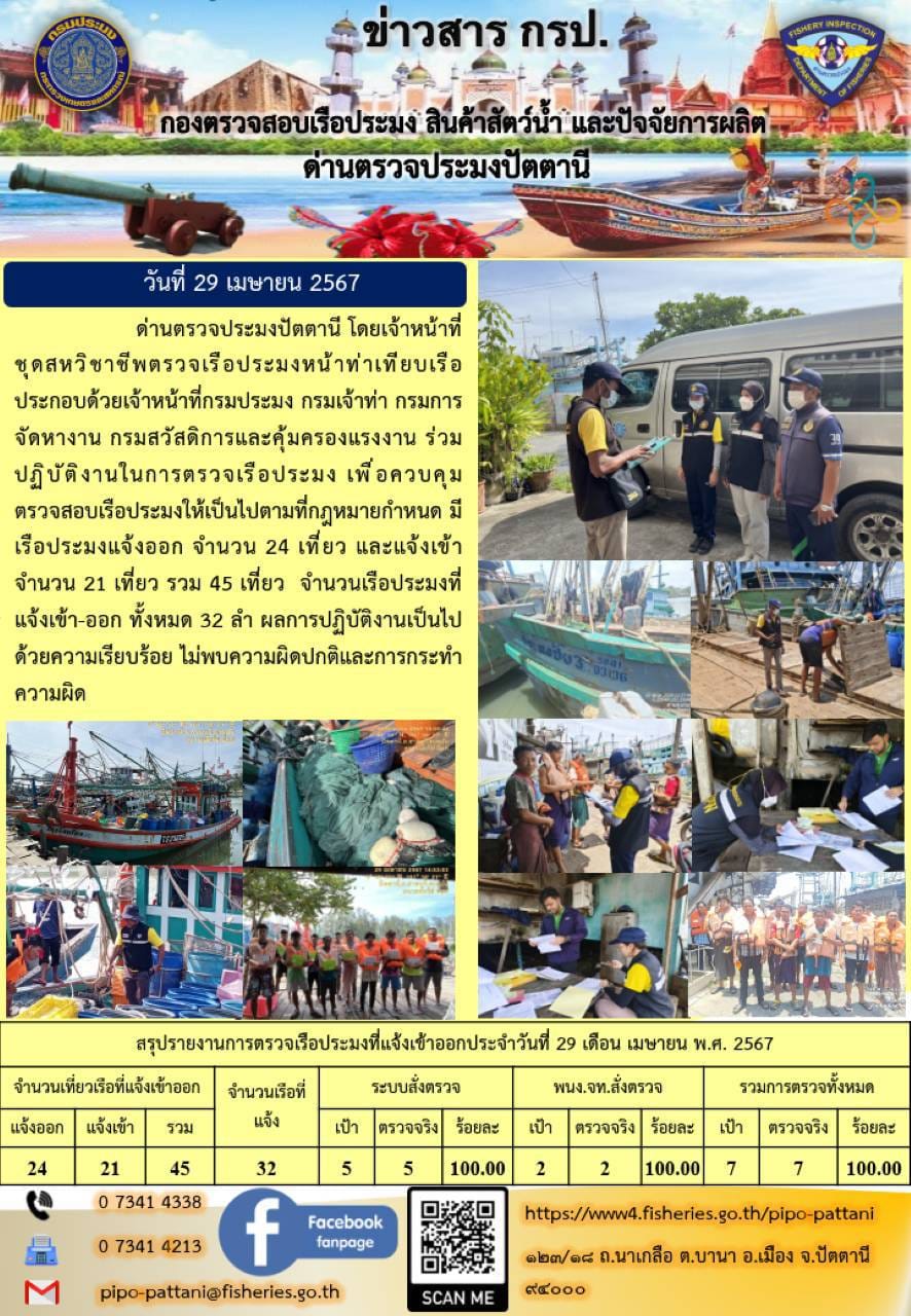 ข่าวสารการปฏิบัติงาน ด่านตรวจประมงปัตตานี วันที่ 29 เมษายน 2567..คลิก