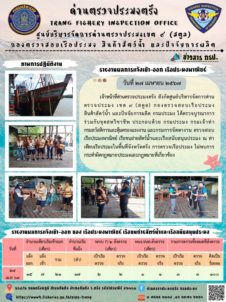 ประชาสัมพันธ์การปฏิบัติงานด่านตรวจประมงตรัง..คลิก