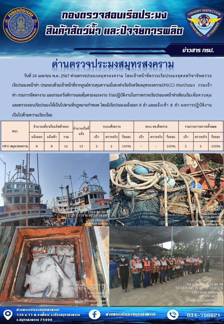 สถิติการแจ้งเข้า - ออกเรือประมงพาณิชย์ ด่านตรวจประมงสมุทรสงคราม ประจำวันที่ 24 เมษายน 2567..คลิก