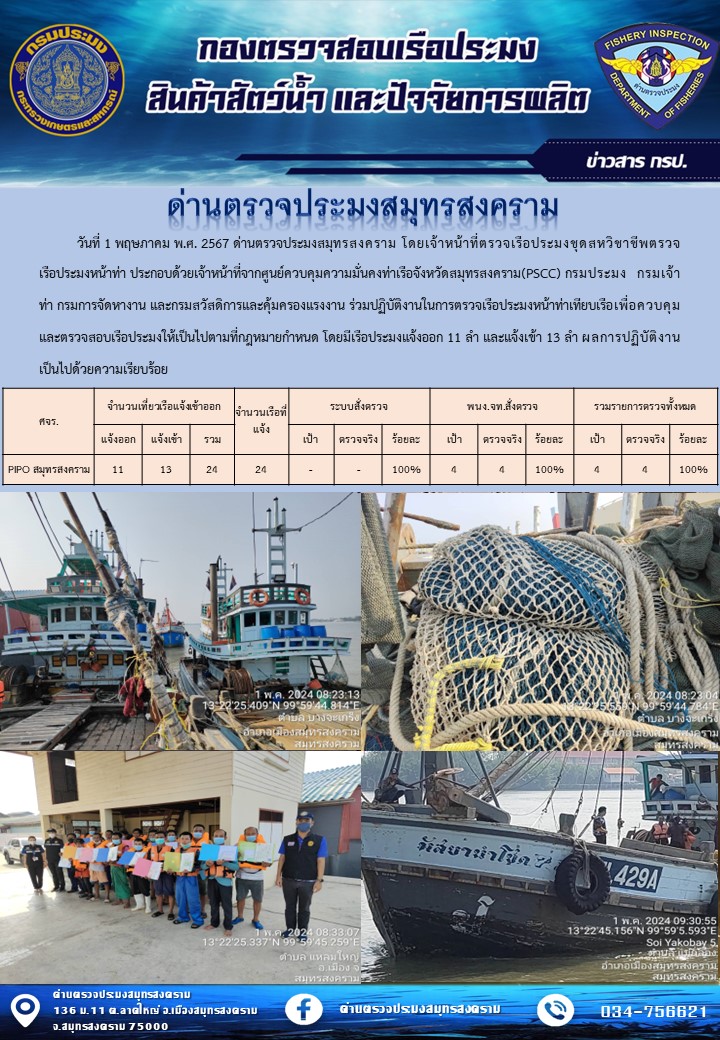 สถิติการแจ้งเข้า - ออกเรือประมงพาณิชย์ ด่านตรวจประมงสมุทรสงคราม ประจำวันที่ 1 พฤษภาคม 2567..คลิก