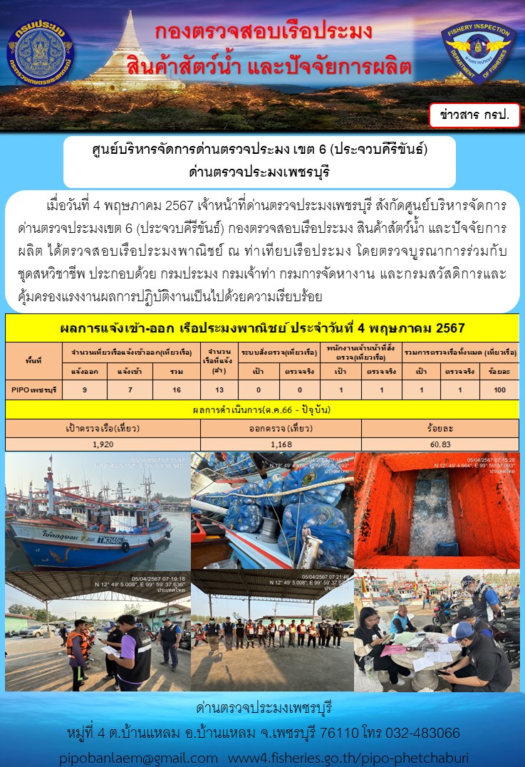 ตรวจสอบเรือประมงพาณิชย์ ณ ท่าเทียบเรือประมง