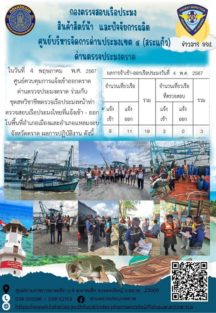 ผลการปฏิบัติงานของศูนย์ควบคุมการแจ้งเรือเข้าออกตราด ด่านตรวจประมงตราด ประจำวันที่ 4 พฤษภาคม 2567