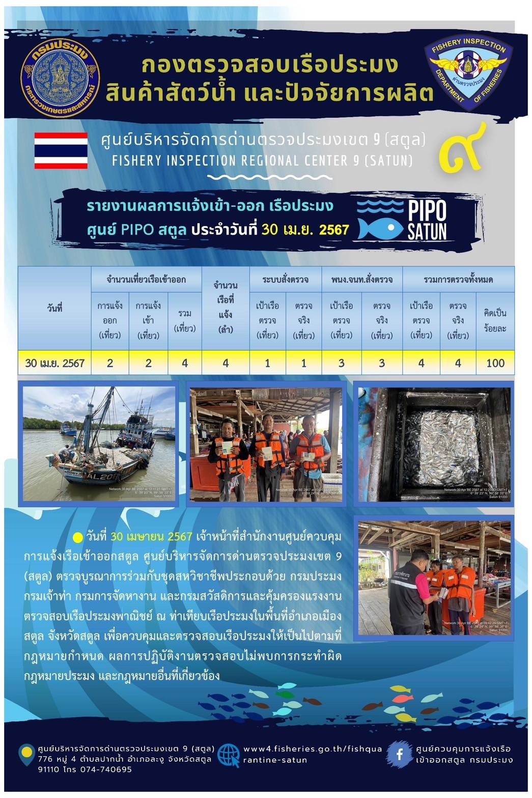 ประชาสัมพันธ์การปฏิบัติงานศูนย์บริหารจัดการด่านตรวจประมงเขต 9 (สตูล) ประจำวันที่ 26-30 เมษายน 2567