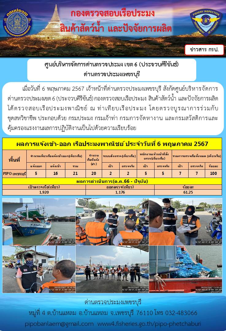 ข่าวประชาสัมพันธ์ ด่านตรวจประมงเพชรบุรี สถิติเรือที่แจ้งเข้า - ออก ประจำวันที่ 6 พ.ค. 2567..คลิก