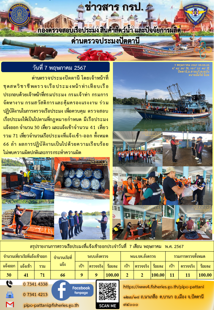ข่าวสารการปฏิบัติงาน ด่านตรวจประมงปัตตานี วันที่ 7 พฤษภาคม 2567..คลิก