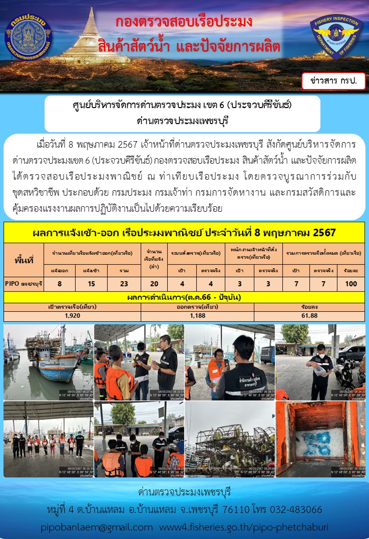 ข่าวประชาสัมพันธ์ ด่านตรวจประมงเพชรบุรี สถิติเรือที่แจ้งเข้า - ออก ประจำวันที่ 8 พ.ค. 2567..คลิก