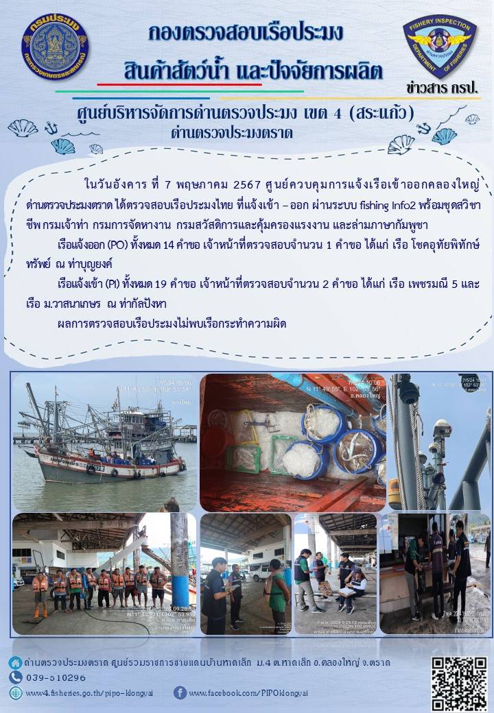 ผลการปฏิบัติงานของศูนย์ควบคุมการแจ้งเรือเข้าออกคลองใหญ่ ด่านตรวจประมงตราด ประจำวันที่ 7 พฤษภาคม 2567