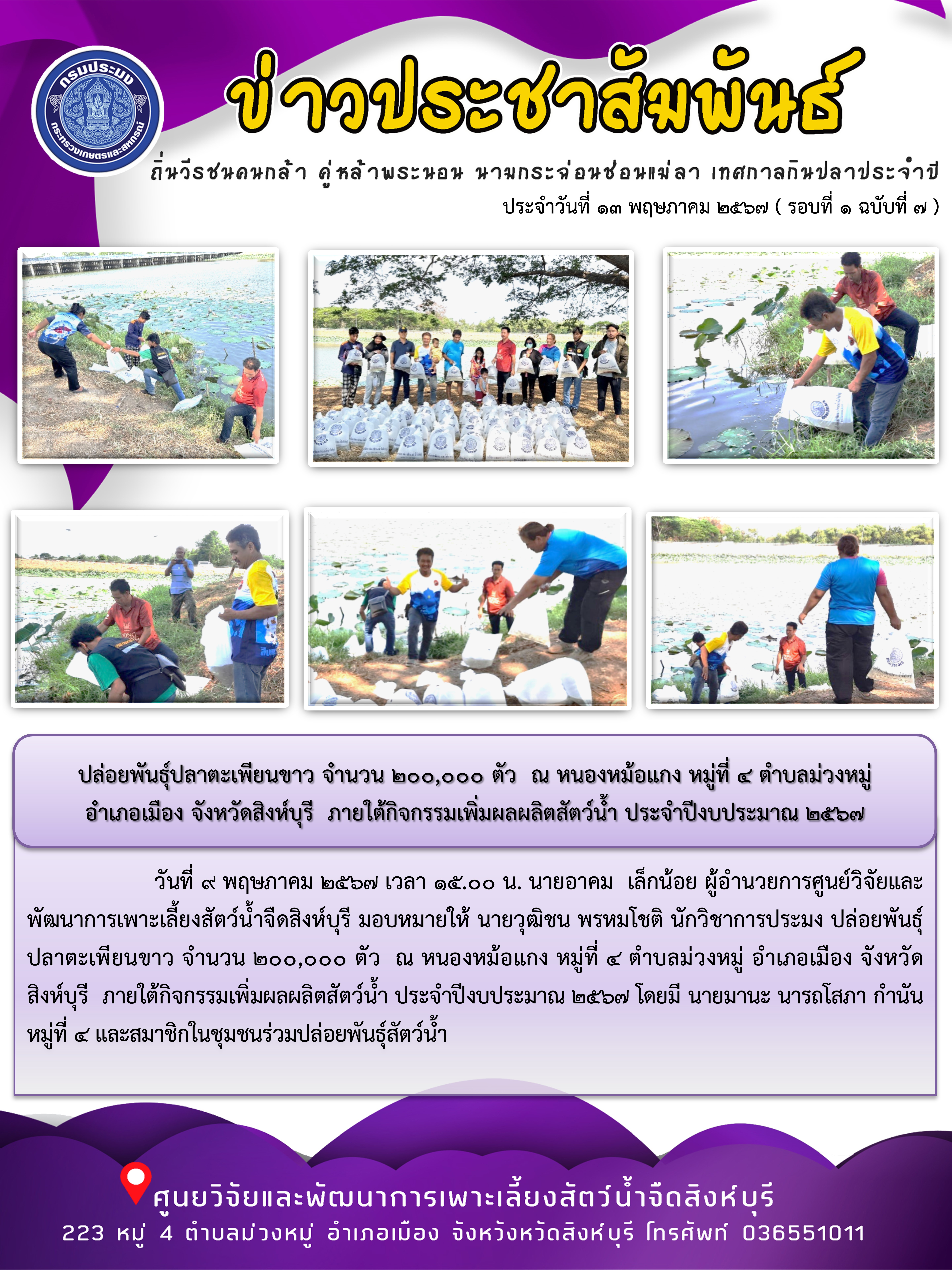 ปล่อยพันธุ์ปลาตะเพียนขาว จำนวน 200,000 ตัว  ณ หนองหม้อแกง หมู่ที่ 4 ตำบลม่วงหมู่  อำเภอเมือง จังหวัดสิงห์บุรี  ภายใต้กิจกรรมเพิ่มผลผลิตสัตว์น้ำ ประจำปีงบประมาณ 2567..คลิก