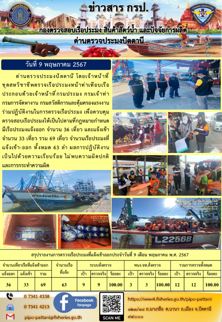ข่าวสารการปฏิบัติงาน ด่านตรวจประมงปัตตานี วันที่ 9 พฤษภาคม 2567..คลิก
