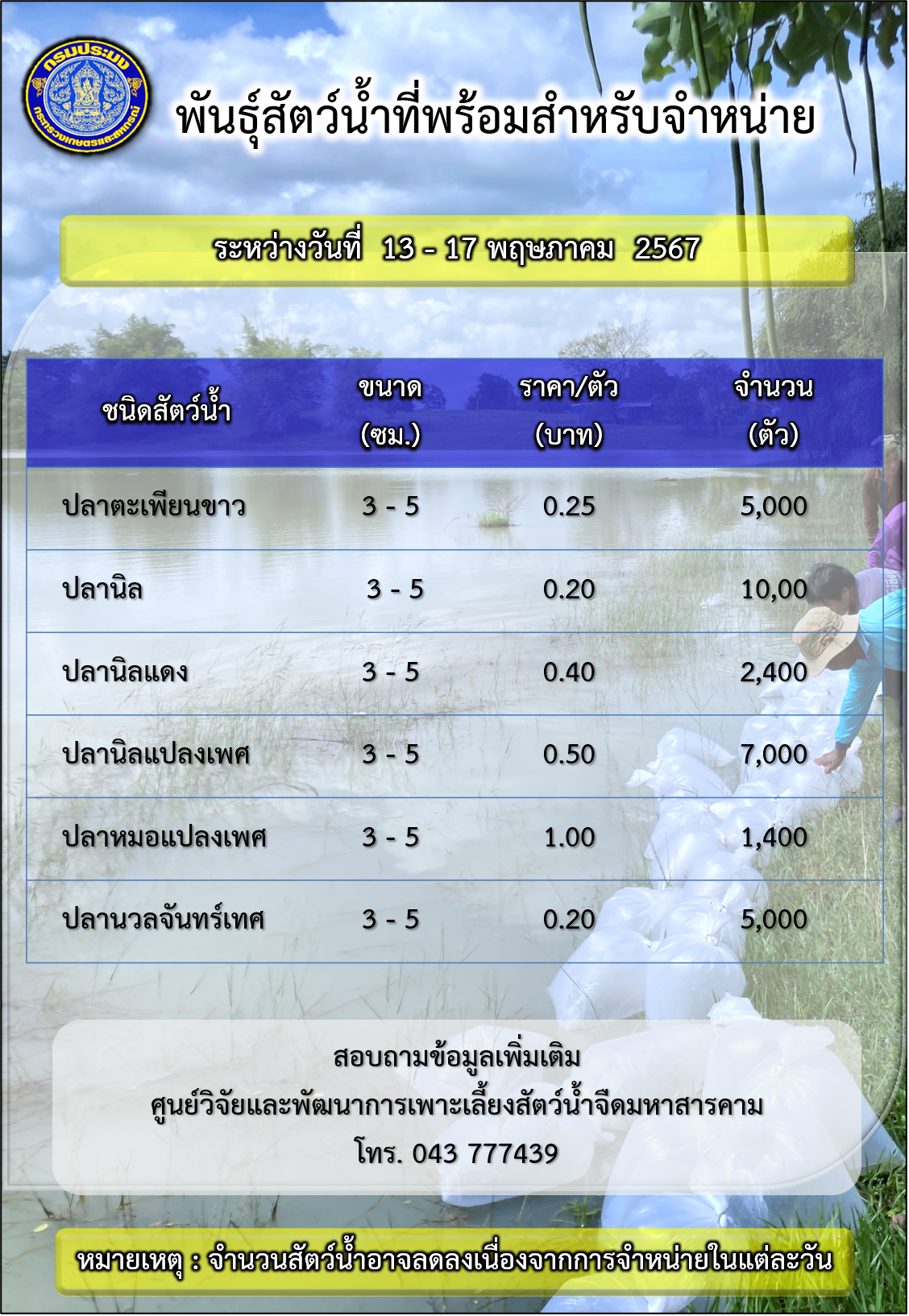 พันธุ์สัตว์น้ำที่พร้อมสำหรับจำหน่ายในช่วงระหว่างวันที่ 13 – 17 พฤษภาคม 2567..คลิก