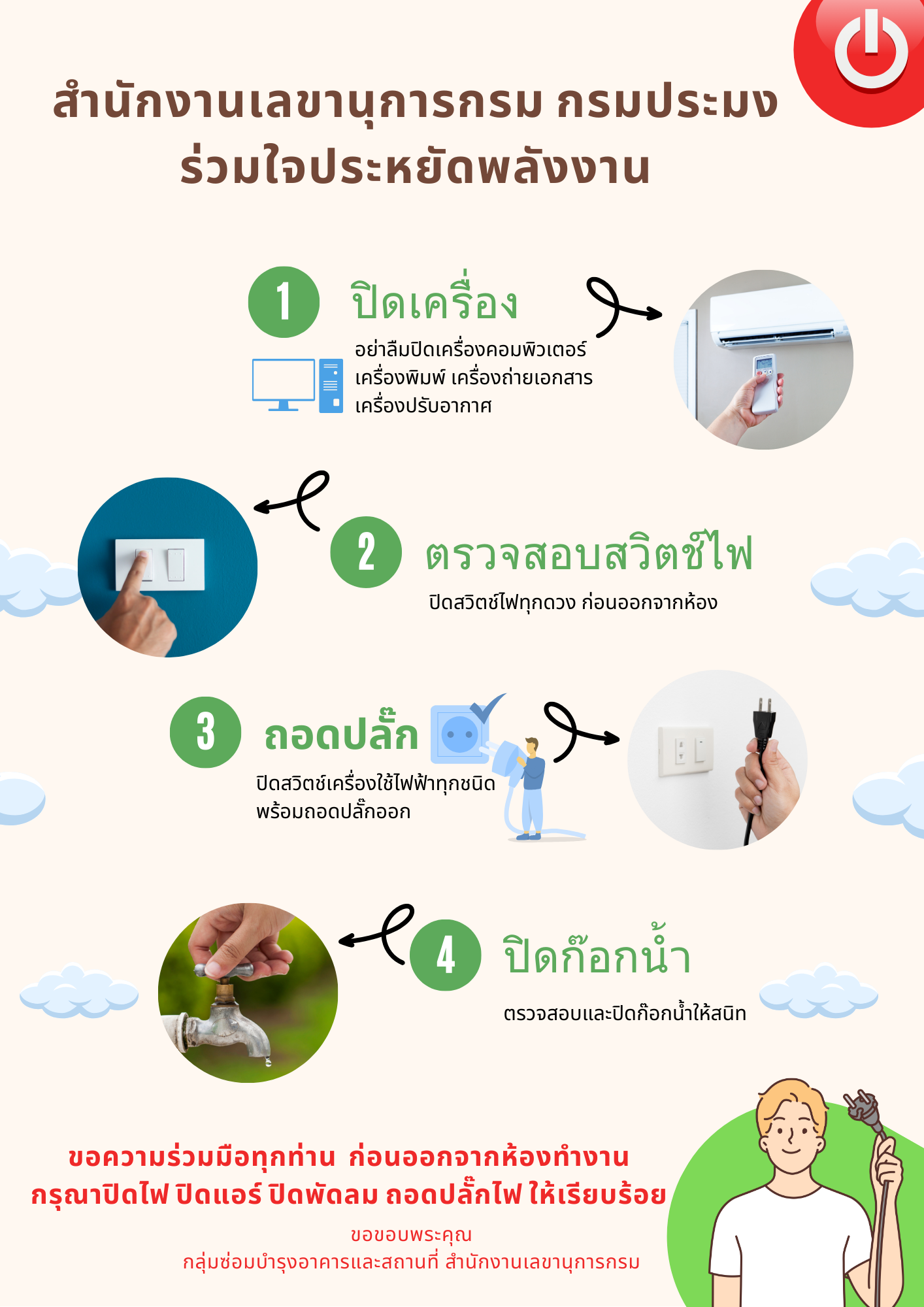 สำนักงานเลขานุการกรมปฏิบัติตามแผนปฏิบัติงานในการประหยัดพลังงานของกรมประมง..คลิก