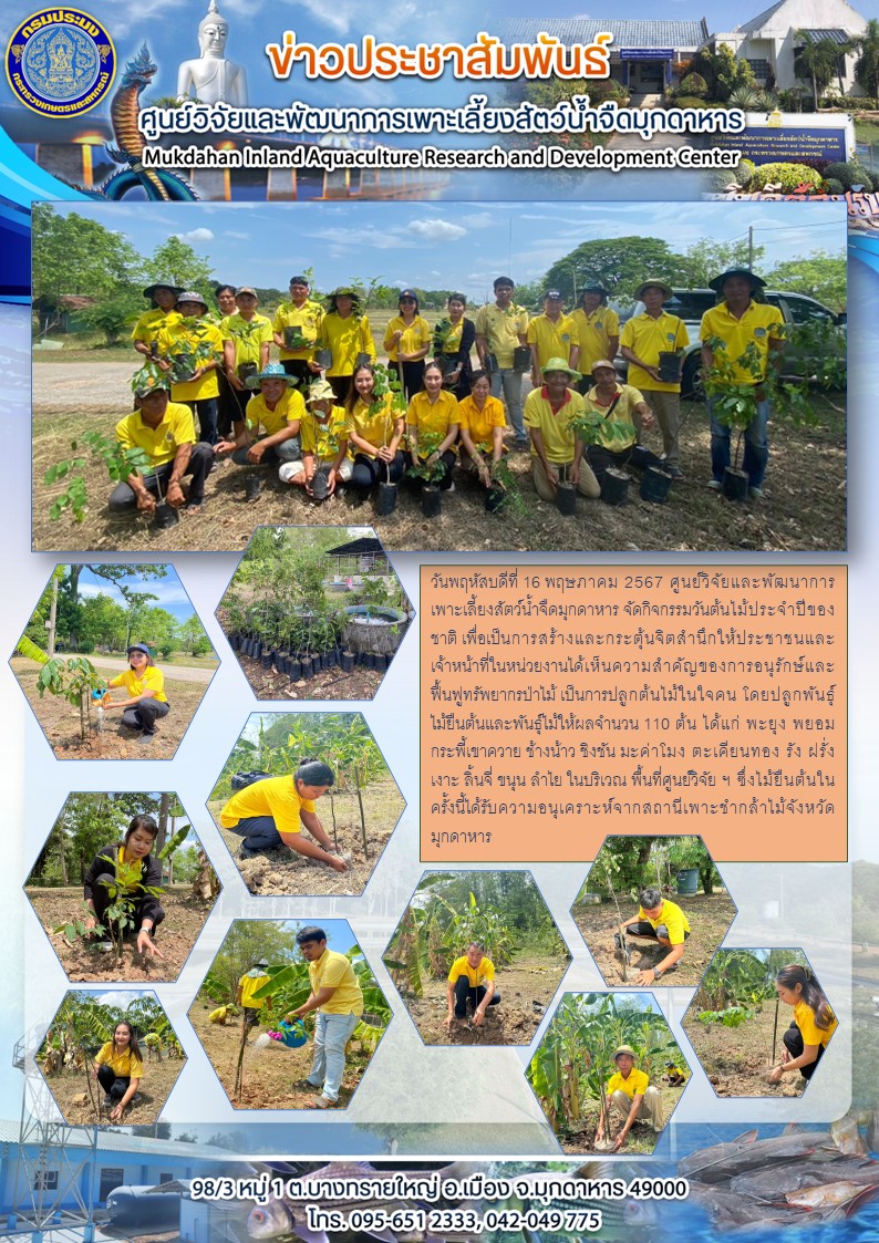 วันพฤหัสบดีที่ 16 พฤษภาคม 2567 ศูนย์วิจัยและพัฒนาการเพาะเลี้ยงสัตว์น้ำจืดมุกดาหาร จัดกิจกรรมวันต้นไม้ประจำปีของชาติ..คลิก