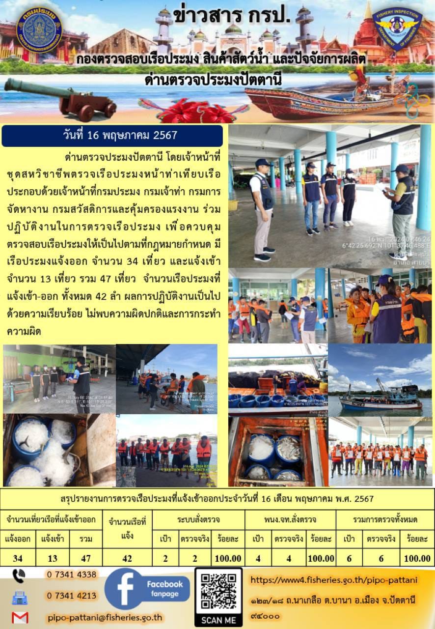 ข่าวสารการปฏิบัติงาน ด่านตรวจประมงปัตตานี วันที่ 16 พฤษภาคม 2567..คลิก