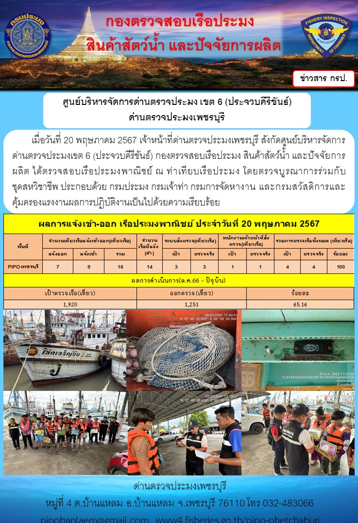 ข่าวประชาสัมพันธ์ ด่านตรวจประมงเพชรบุรี สถิติเรือที่แจ้งเข้า - ออก ประจำวันที่ 20 พ.ค 2567..คลิก