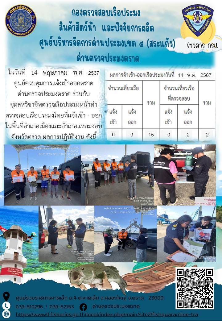 ผลการปฏิบัติงานของศูนย์ควบคุมการแจ้งเรือเข้าออกตราด ด่านตรวจประมงตราด ประจำวันที่ 14 พฤษภาคม 2567