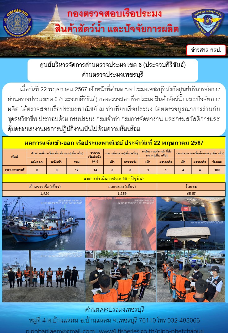 ข่าวประชาสัมพันธ์ ด่านตรวจประมงเพชรบุรี สถิติเรือที่แจ้งเข้า - ออก ประจำวันที่ 22 พ.ค. 2567..คลิก