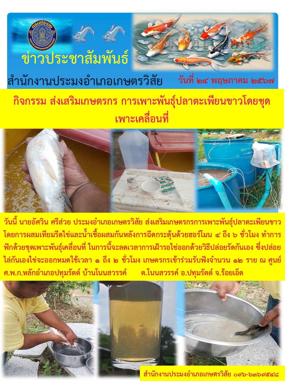 กิจกรรม ส่งเสริมเกษตรกร การเพาะพันธุ์ปลาตะเพียนขาวโดยชุดเพาะพันธุ์ปลา