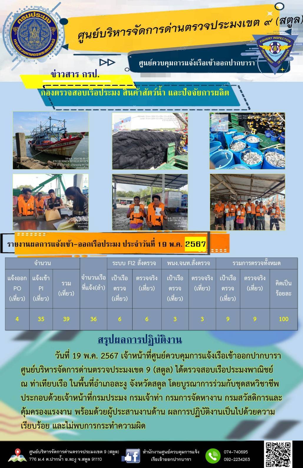 ประชาสัมพันธ์การปฏิบัติงานศูนย์บริหารจัดการด่านตรวจประมงเขต 9 (สตูล) ประจำวันที่ 16 - 20 พฤษภาคม 2567..คลิก