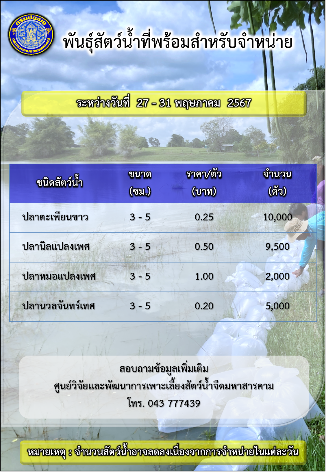 พันธุ์สัตว์น้ำที่พร้อมสำหรับจำหน่าย ระหว่างวันที่ 27 – 31 พฤษภาคม 2567..คลิก